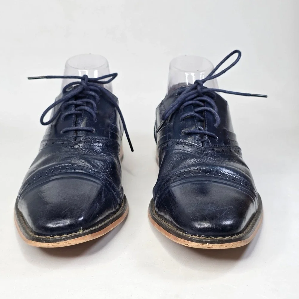 Stacy Adams Shoes Men's Size 10.5 Navy Blue Leather Cap Toe Brogue Oxford Casual